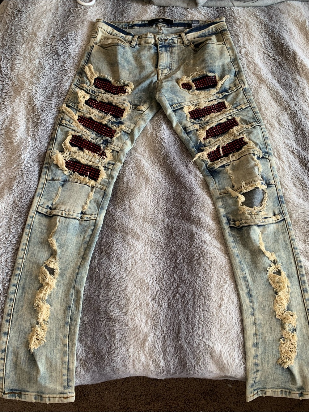Men's Light Blue Distressed Skinny Jeans with Red Patch Detail